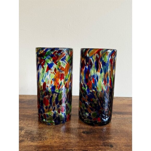 Hand Blown Confetti Glass Tumblers Set of 2 Multicolor Artisan-Crafted - Picture 2 of 6